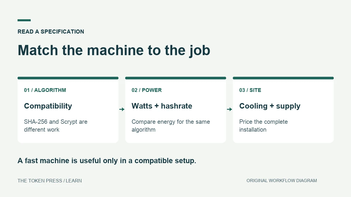 Match the machine to the job: Compatibility — SHA-256 and Scrypt are different work; Watts + hashrate — Compare energy for the same algorithm; Cooling + supply — Price the complete installation.