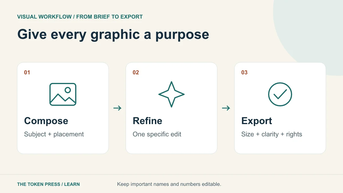 Graphics workflow: purpose and composition, a focused draft, controlled editing, and a checked export.