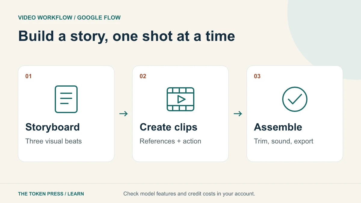 Video workflow from three storyboard beats through clip generation, editing, sound and final export.