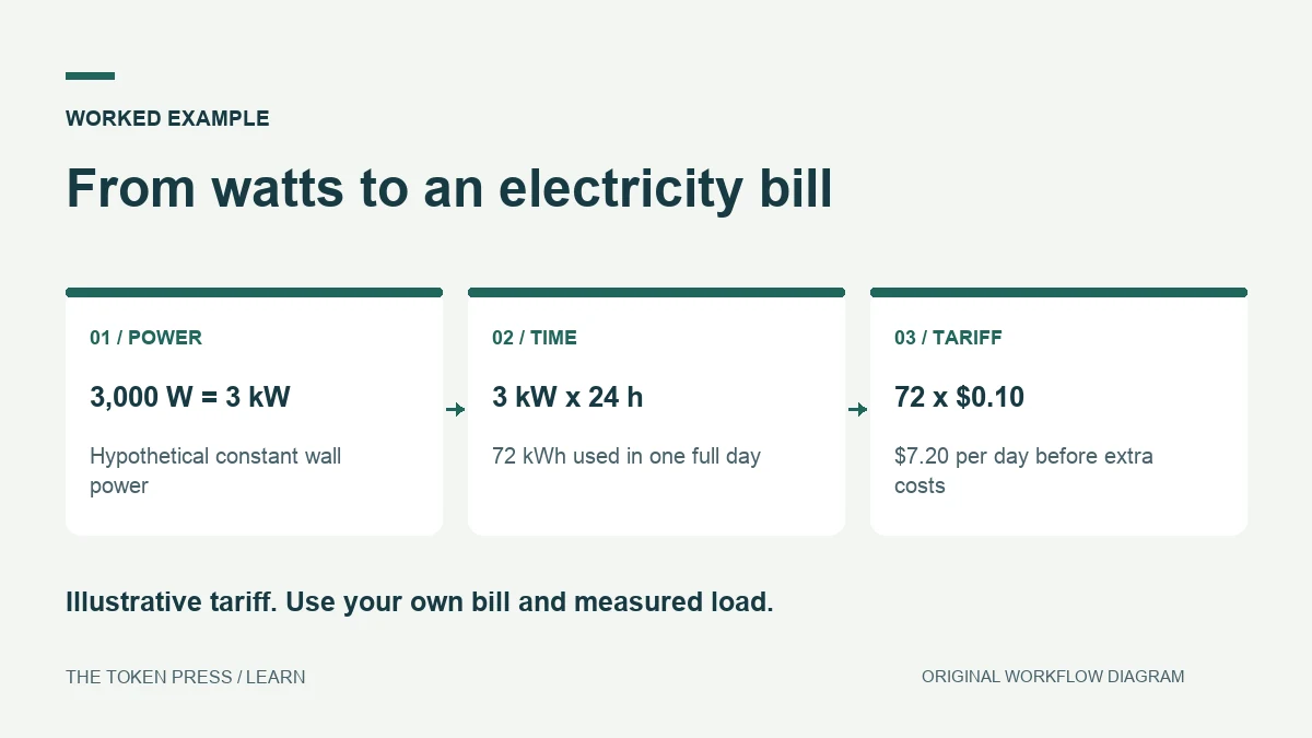 From watts to an electricity bill: 3,000 W = 3 kW — Hypothetical constant wall power; 3 kW x 24 h — 72 kWh used in one full day; 72 x $0.10 — $7.20 per day before extra costs.