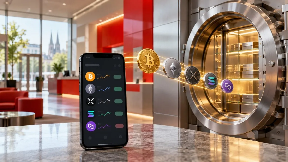 Conceptual image of a German banking app displaying five digital assets beside a secure institutional custody vault.