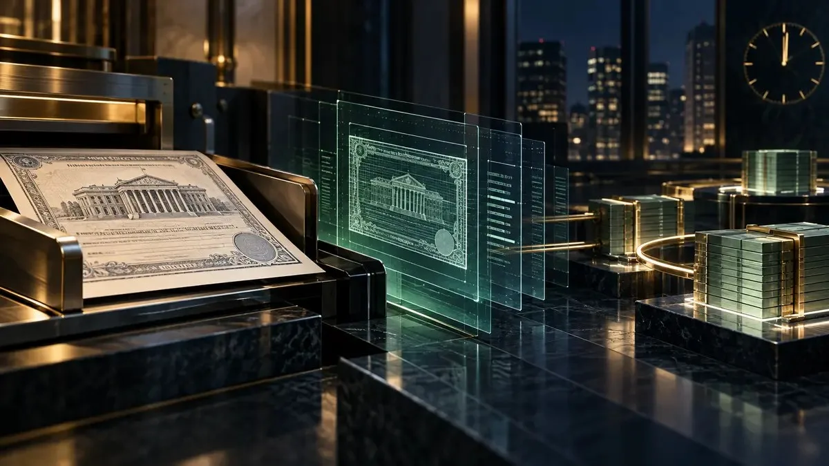 AI-generated conceptual illustration of a U.S. Treasury security moving through an institutional digital ledger into overnight repo financing.