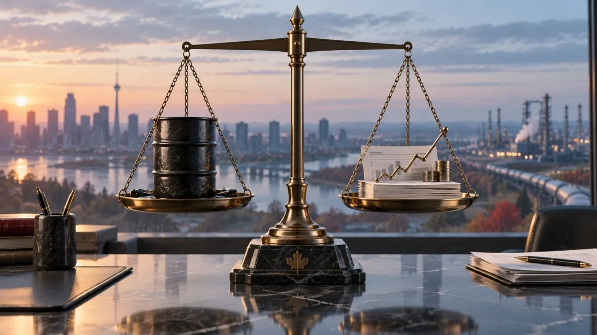 AI-generated conceptual image of an oil barrel and monetary-policy papers balanced above a Canadian city; not a photograph of the Bank of Canada roundtable.