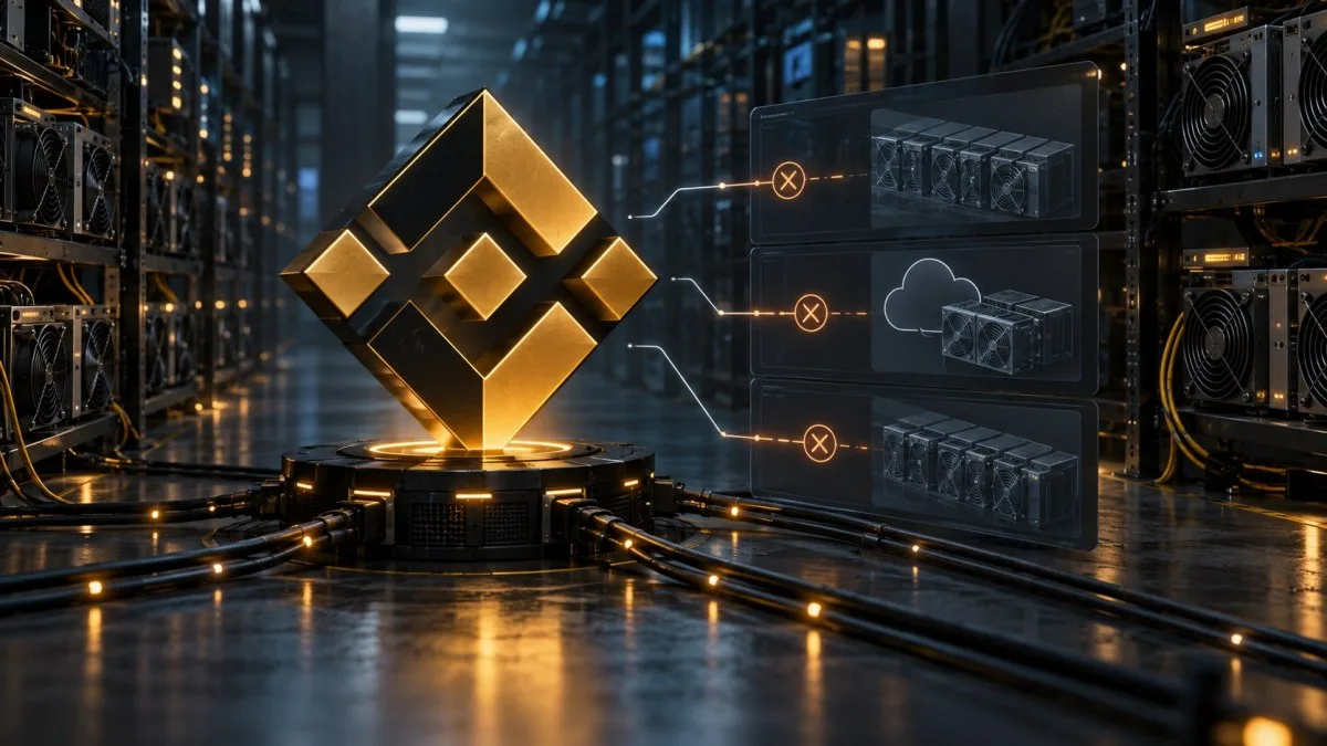 AI-generated conceptual illustration of cryptocurrency mining rigs disconnecting from a gold-and-black network hub.