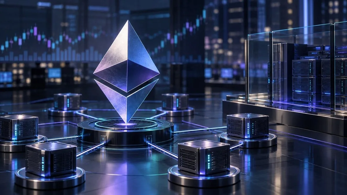 Conceptual illustration of Ethereum staking infrastructure connected to an institutional electronic brokerage environment