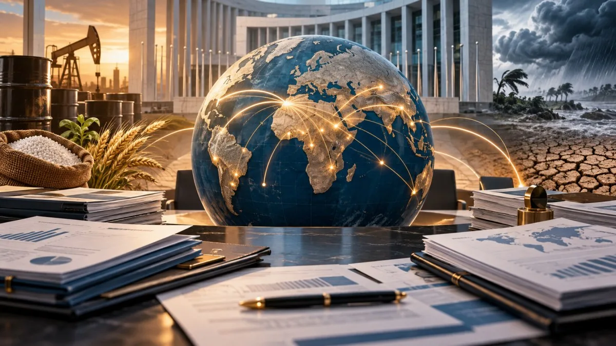 AI-generated conceptual illustration of global crisis financing amid energy, food, weather and debt pressures.