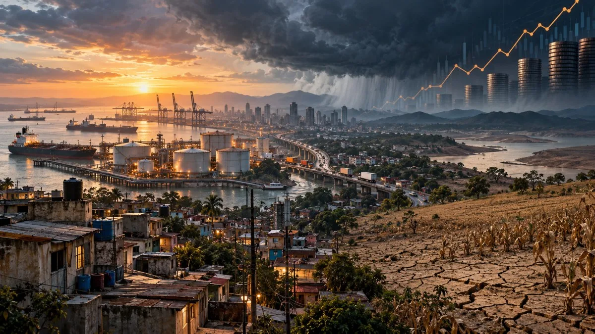 Conceptual editorial illustration of a port city, fuel terminal, storm clouds, drought-hit farmland and rising borrowing costs