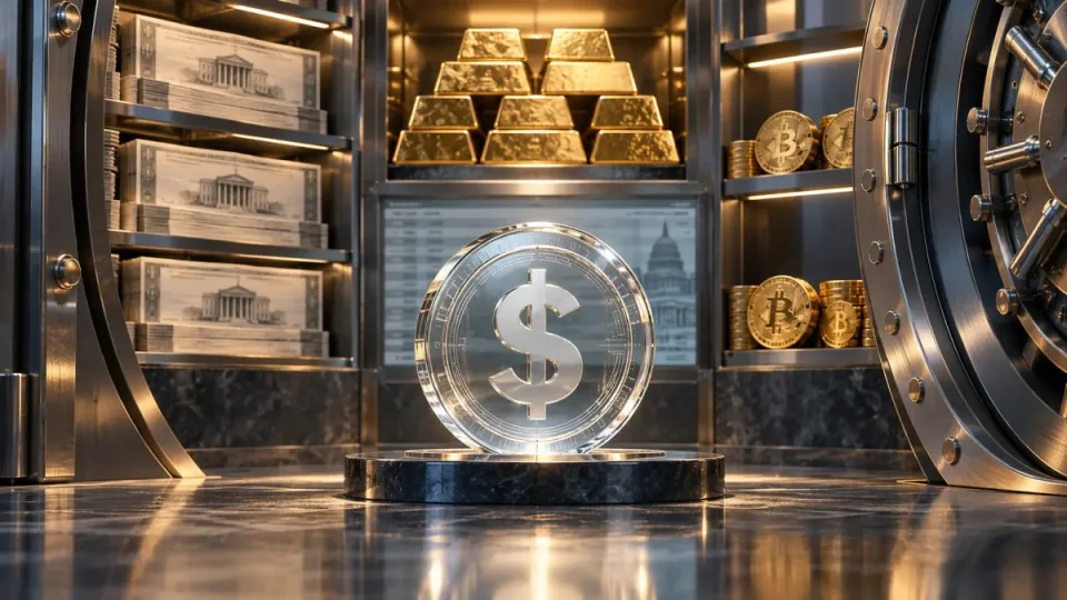 AI-generated conceptual illustration of a transparent USDT-style reserve token beside layered Treasury bills, gold and bitcoin in a secure financial vault.