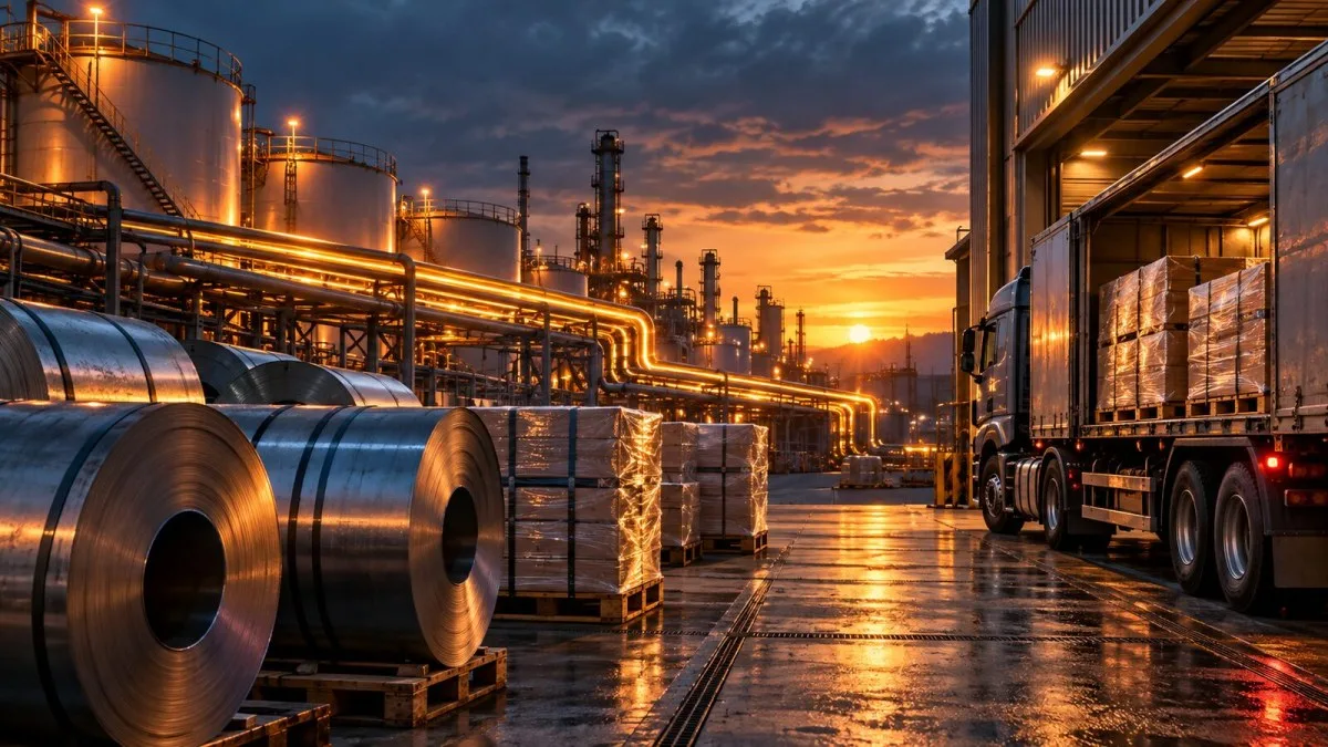 AI-generated editorial illustration of a U.S. industrial loading dock, freight truck and fuel infrastructure at dusk, representing producer cost pressures.