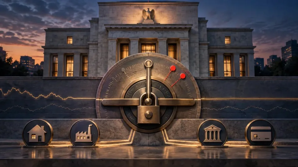 AI-generated conceptual image of a locked central-bank interest-rate dial, with two separate upward markers and borrowing sectors connected below.