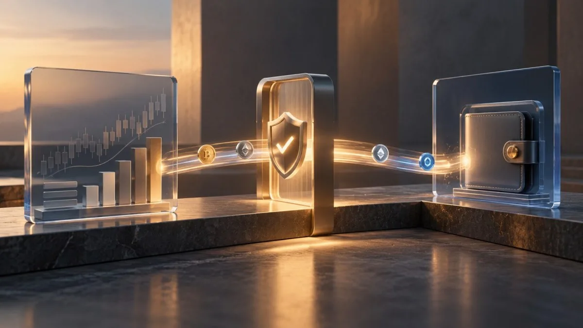 AI-generated conceptual illustration of digital assets moving from a brokerage account to a wallet through an authentication checkpoint.