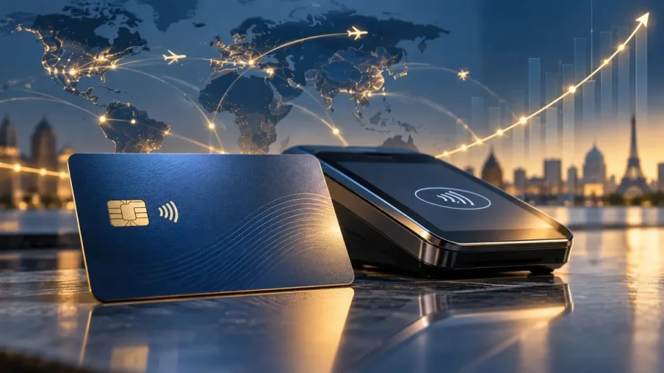 AI-generated editorial illustration of a contactless card and payment terminal linked to global transaction routes and a rising chart.
