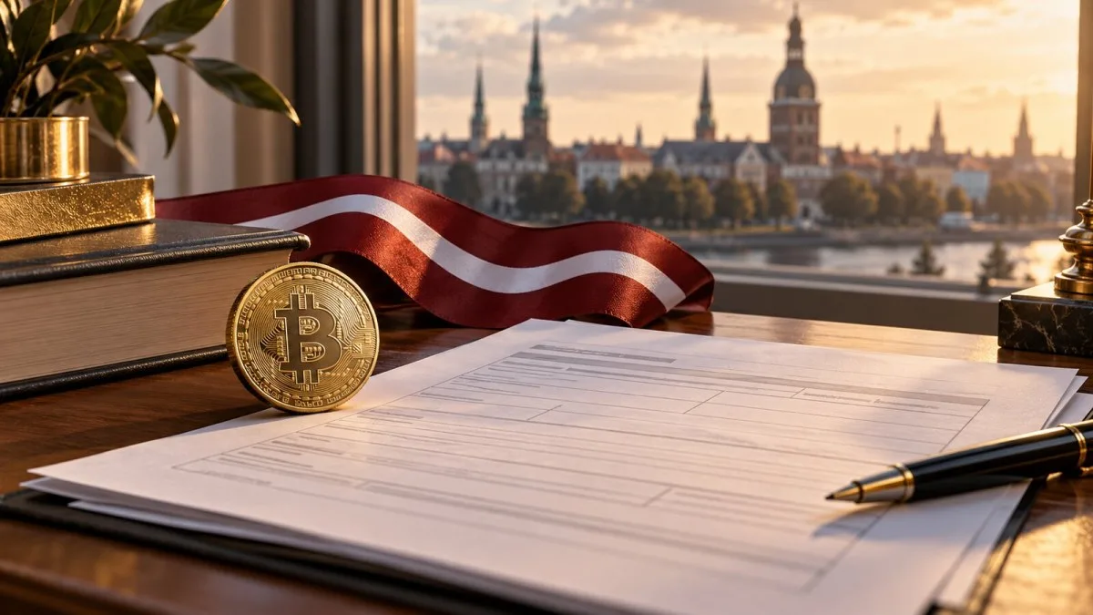 AI-generated conceptual illustration of a blank tax form, a bitcoin symbol and Latvia-colored ribbon near a city window; not a photograph of an actual tax filing.