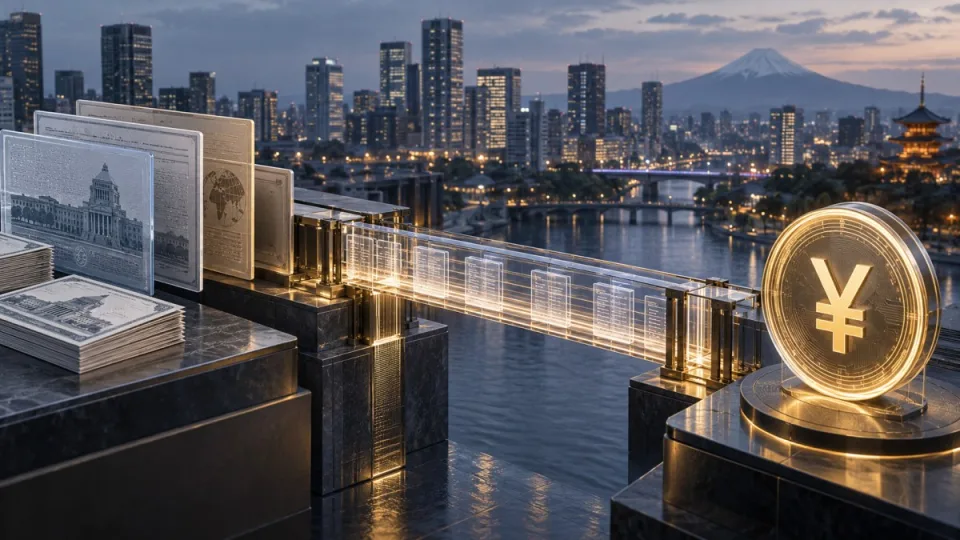 AI-generated conceptual image of tokenized fund certificates crossing a transparent regulated bridge toward a yen-denominated stablecoin in Tokyo.