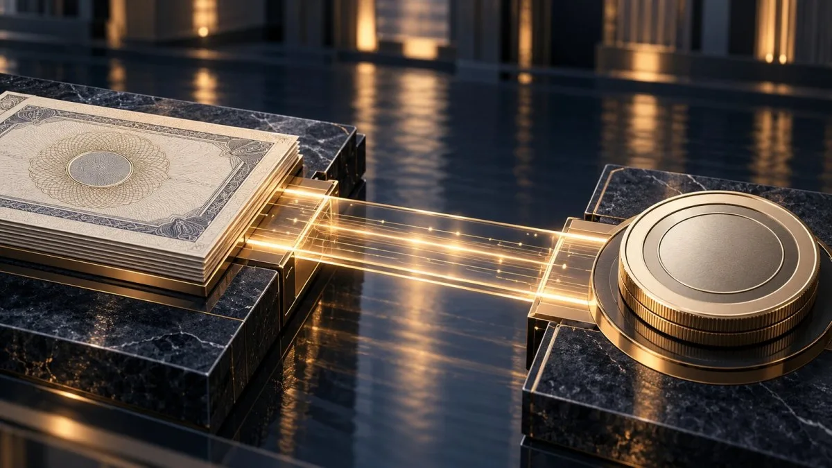 AI-generated conceptual illustration of a tokenized fund certificate and a stablecoin disk linked by a simultaneous settlement bridge, representing Multiliquid's proposed conversion workflow.