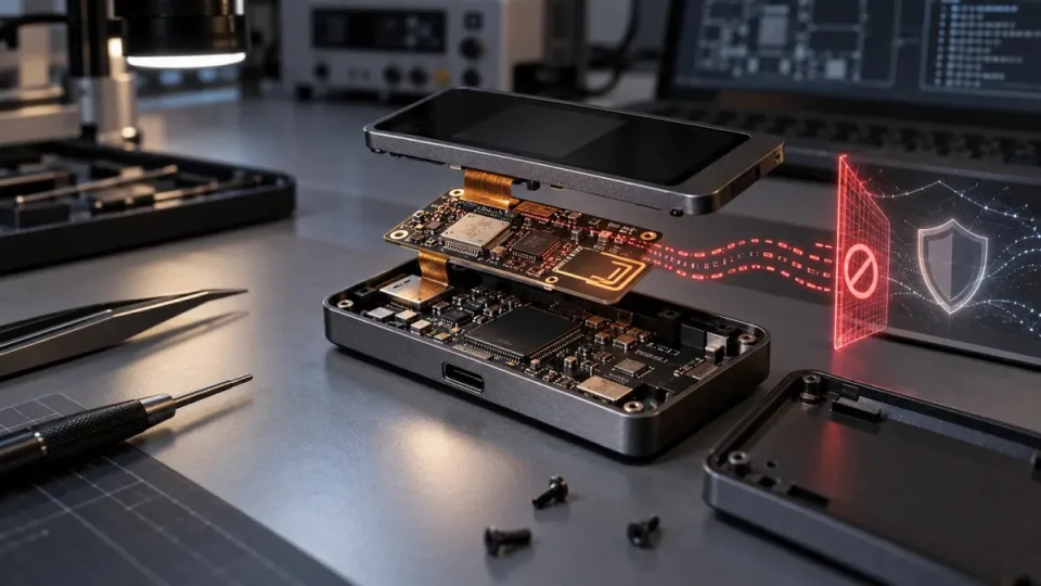 AI-generated conceptual illustration of an opened hardware wallet with a suspected interposer circuit and blocked data path; not a photograph of the reported device.