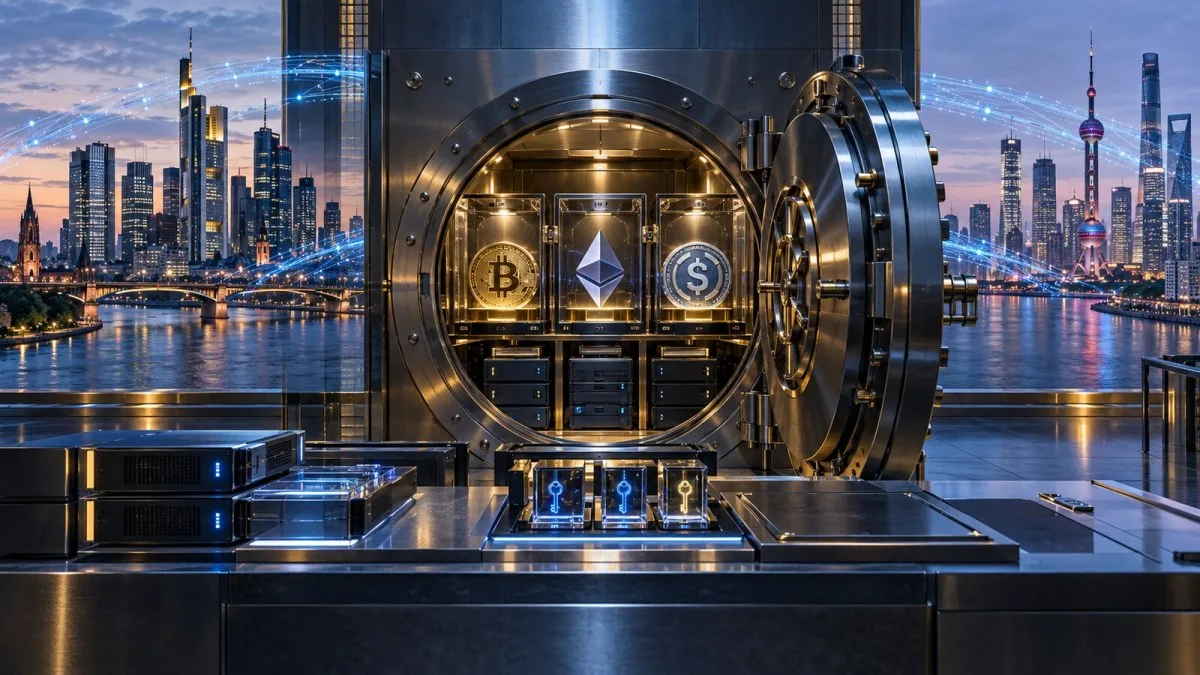 AI-generated conceptual image of a secure institutional digital-asset vault connecting European and Asian financial centres; it does not depict a real Deutsche Bank facility.