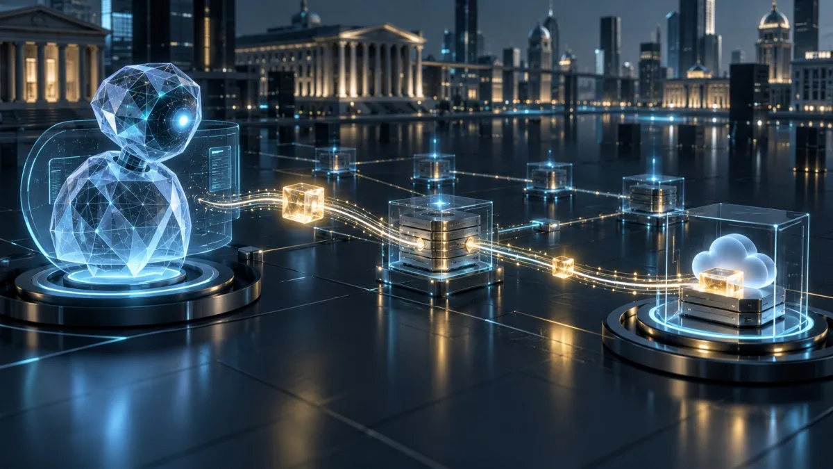 AI-generated illustration of an autonomous software agent sending a tokenised bank deposit through a secure blockchain network.
