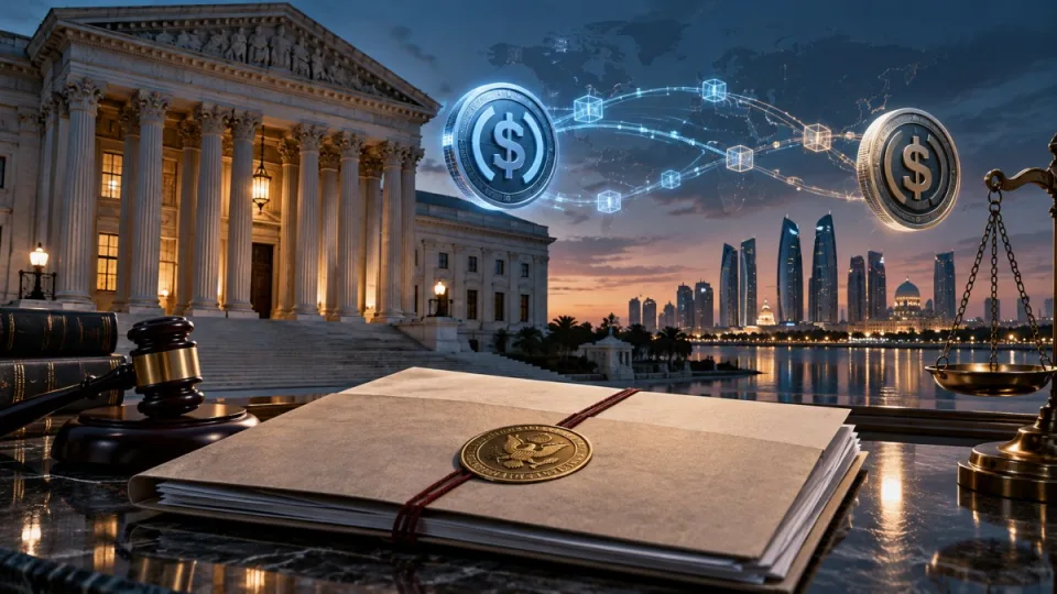 Conceptual editorial illustration of a Washington courthouse, a legal complaint and stablecoin transaction paths connecting the United States and Abu Dhabi