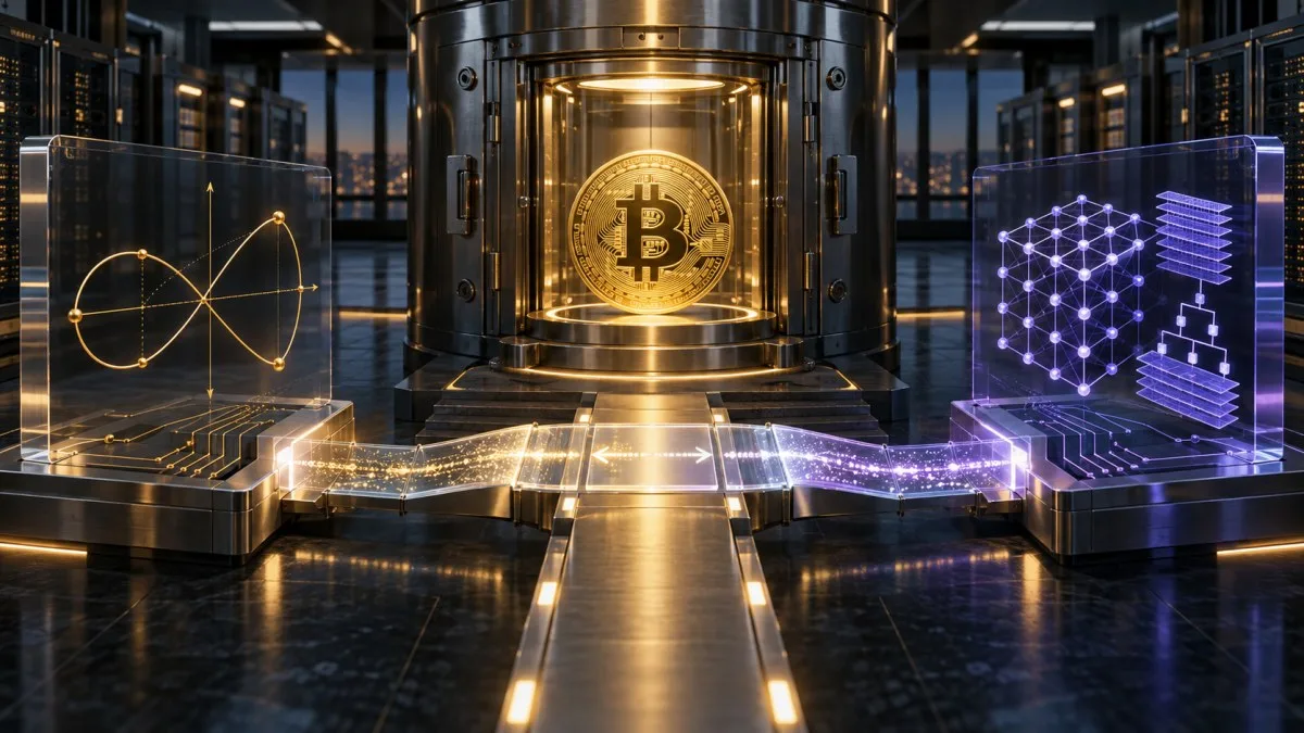 AI-generated conceptual illustration of Bitcoin custody migrating from classical cryptographic keys to a post-quantum security architecture.