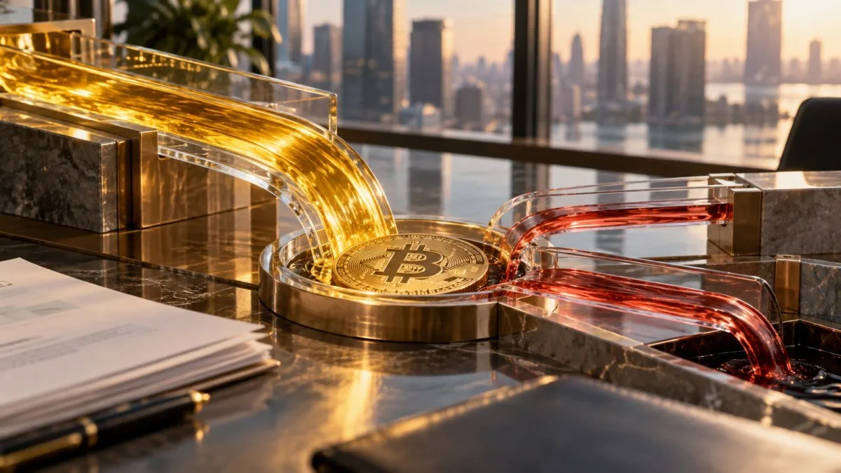 Conceptual illustration of a strong gold inflow and two smaller red outflows passing through glass channels around a bitcoin symbol.