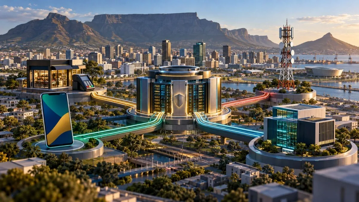 AI-generated conceptual image of a secure South African payment hub linking a phone, retail terminal, telecom tower and fintech building