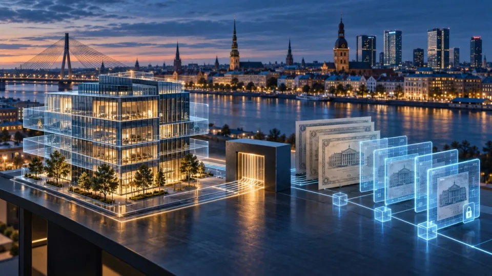 Conceptual Riga cityscape with commercial property and bond records passing through a regulated digital tokenization gateway