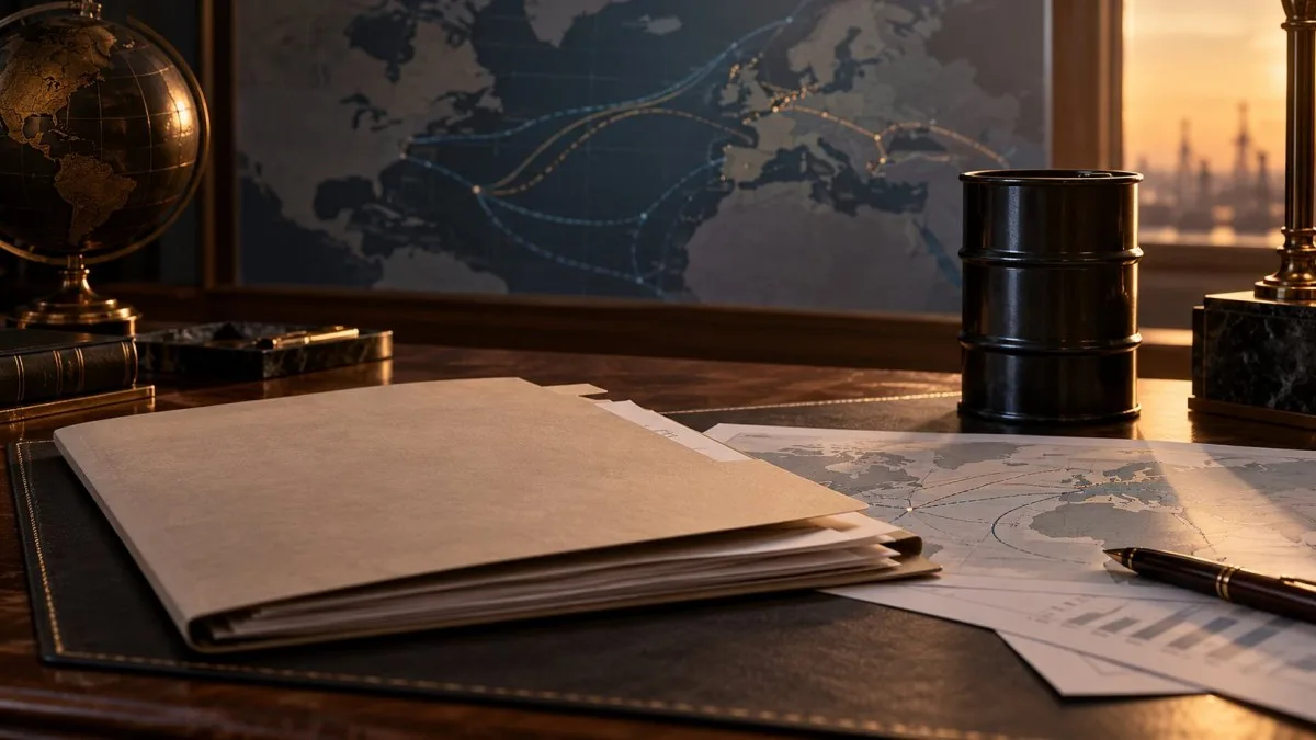AI-generated conceptual image of an energy-policy folder, oil barrel and trade-route map; it does not depict an actual government meeting or document.