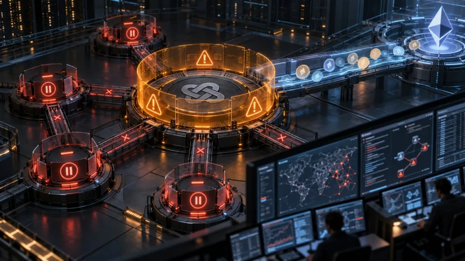 Conceptual editorial illustration of a halted blockchain network and rollup lanes behind amber security barriers while analysts trace assets across a bridge