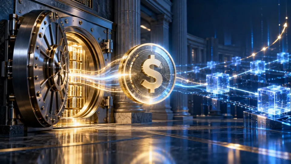 AI-generated editorial illustration of a secured bank vault issuing a digital dollar token onto a blockchain network.