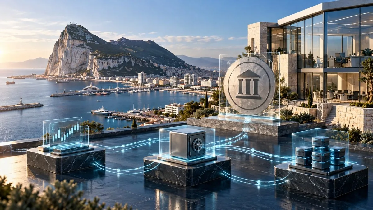 Editorial illustration of Gibraltar, a regulated fintech office, secure custody and connected digital-asset infrastructure