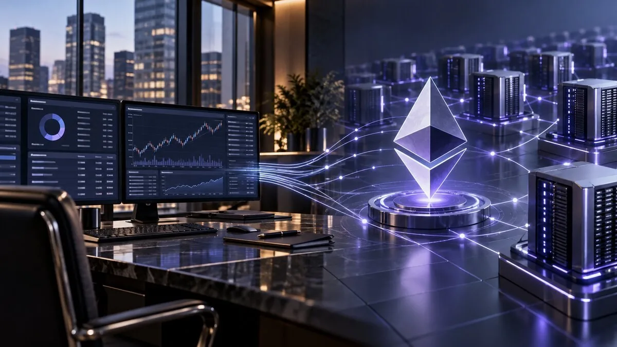 AI-generated conceptual illustration of an institutional brokerage workstation connecting to an Ethereum validator network.