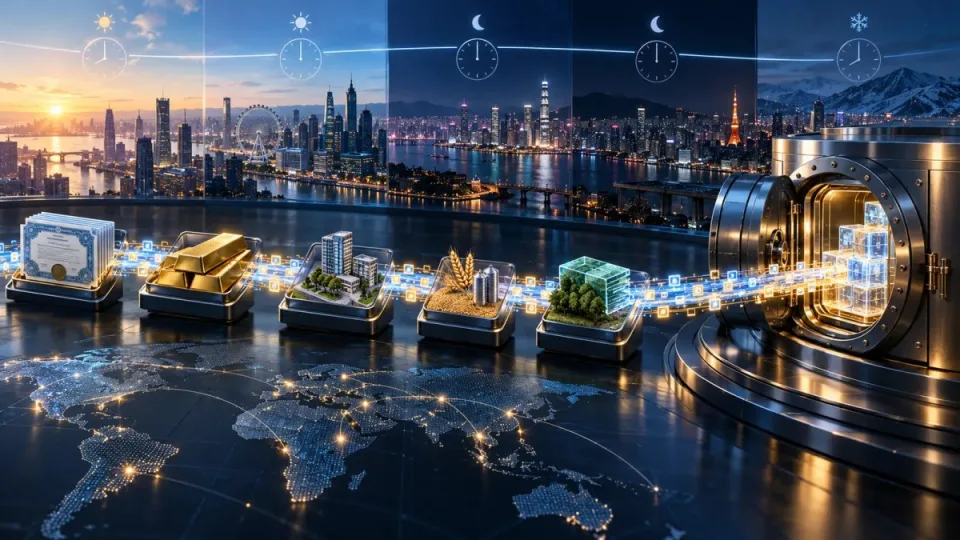 Conceptual continuous market-data rail linking tokenized securities and commodities to a secure lending vault across day and night.