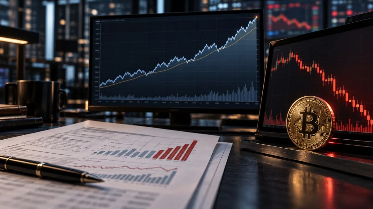 AI-generated conceptual illustration of an inflation report between a rising Treasury-yield chart and a falling Bitcoin market display.