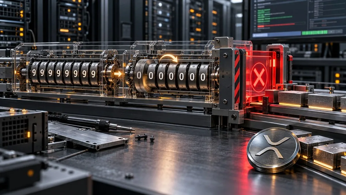 AI-generated conceptual illustration of a payment counter overflowing before a red security gate beside an XRP token.