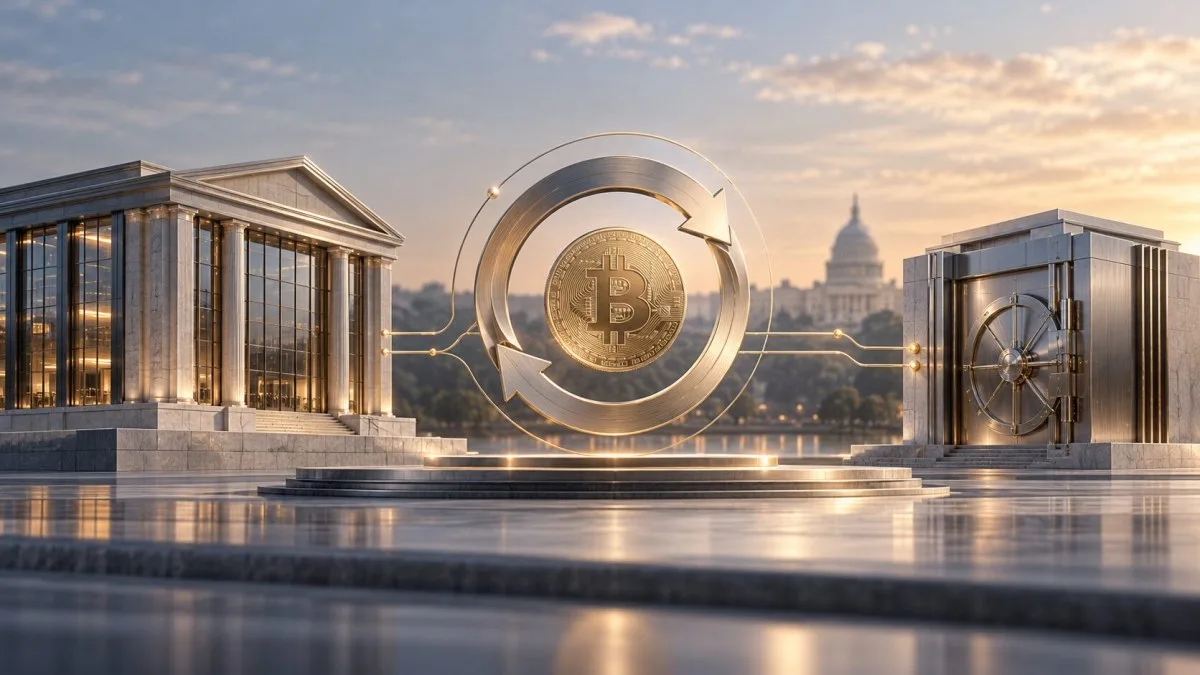 AI-generated conceptual illustration of a Bitcoin symbol inside a continuous contract loop between an exchange-like building and a clearing vault; not a photograph of Webull or Kalshi.