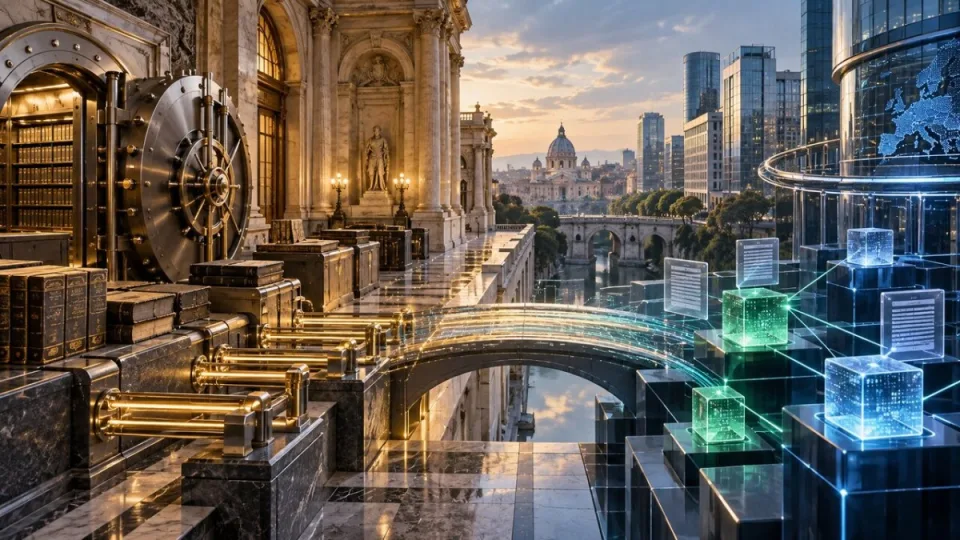 Conceptual editorial illustration linking a traditional Italian bank vault and ledgers to interoperable digital-token infrastructure