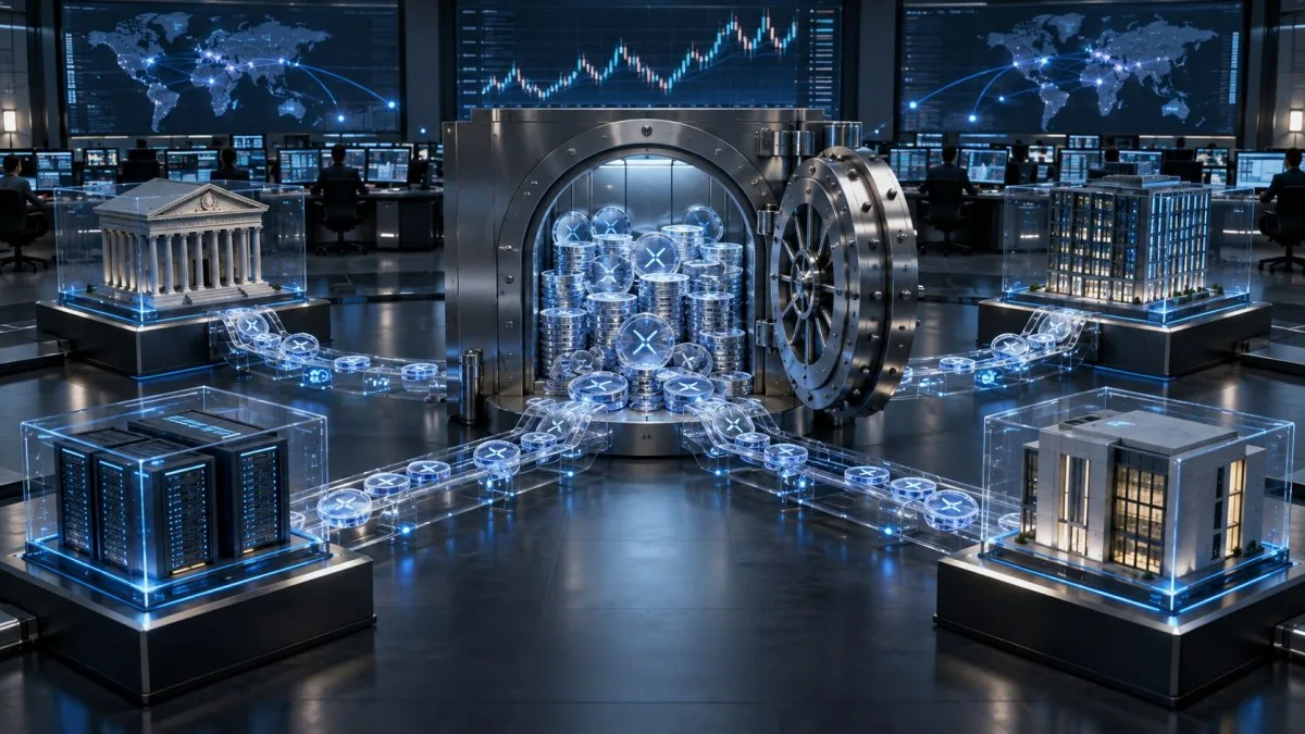 AI-generated concept of an institutional digital-asset vault linked to several execution and custody venues.