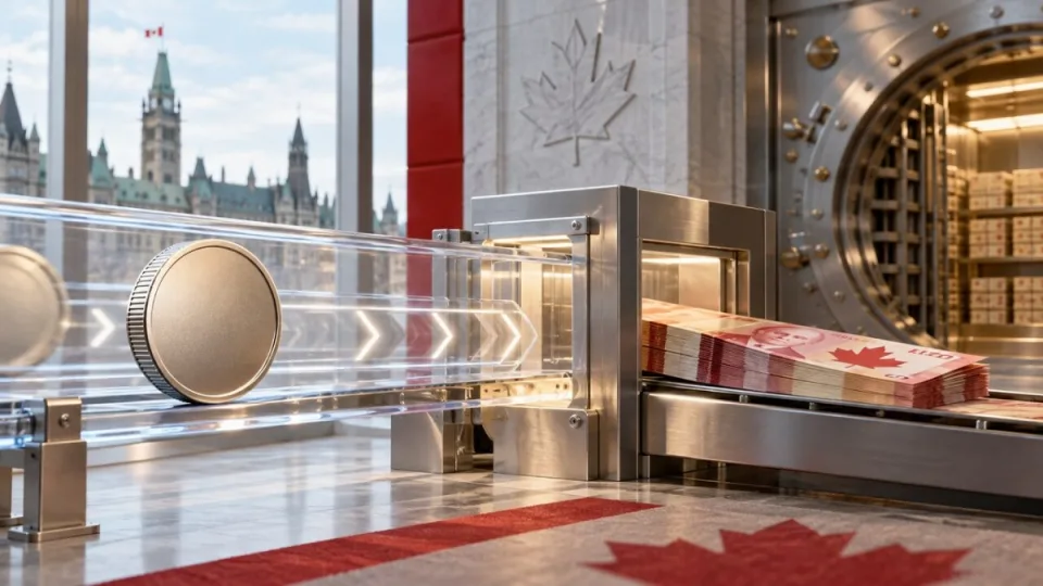 AI-generated conceptual illustration of an unbranded digital coin moving through a secure Canadian redemption channel toward banknotes and a vault.