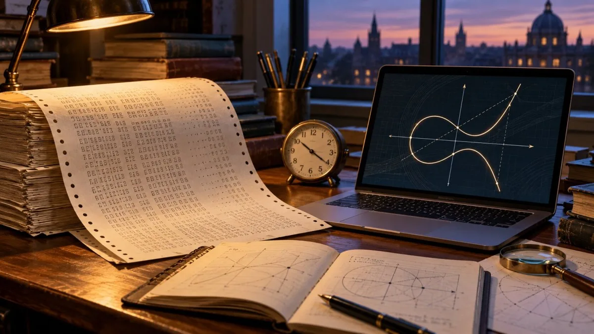 AI-generated conceptual illustration of archival computer printouts, a clock and elliptic-curve diagrams on a research desk