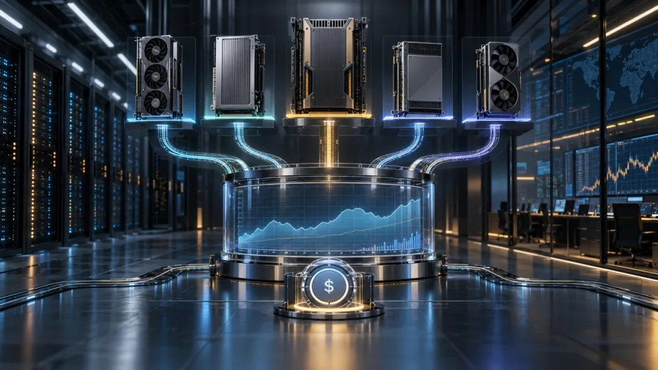 AI-generated conceptual image of five GPU modules feeding rental-price data into a single derivatives index inside a data center.