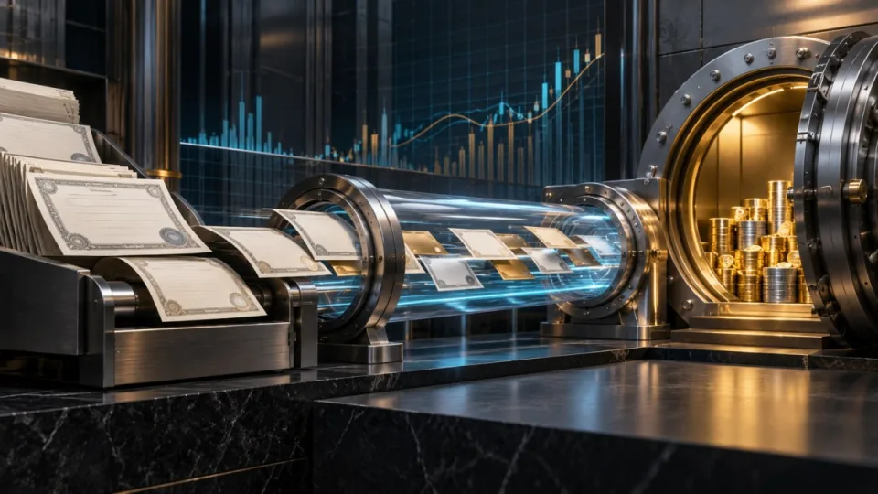 AI-generated conceptual illustration of blank share certificates flowing through an institutional capital channel into a digital-asset treasury vault.