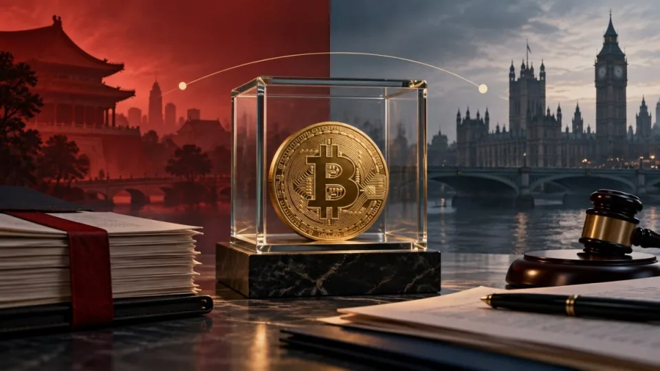 Conceptual illustration of a Bitcoin held in an evidence case between abstract Chinese and British legal settings.