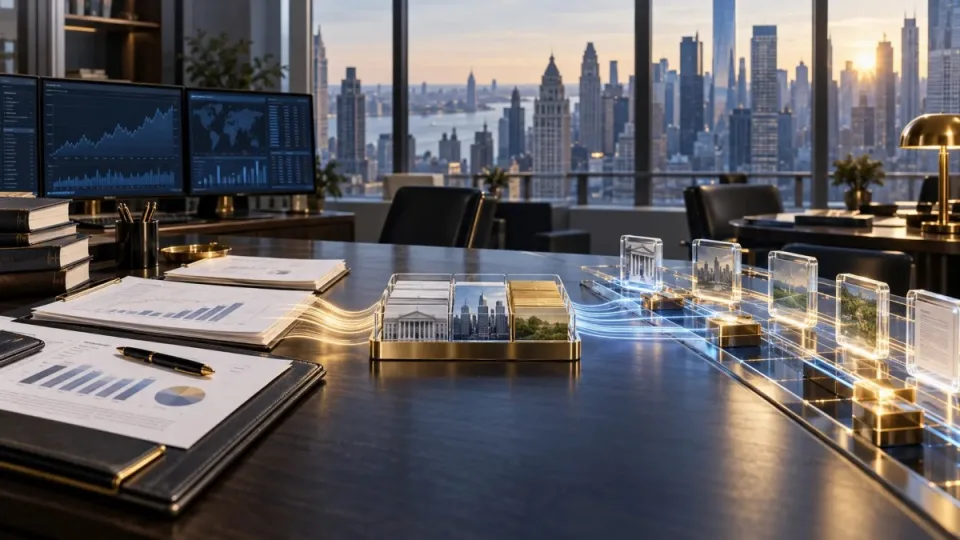 AI-generated editorial illustration of tokenized fund units flowing through transparent blockchain rails beside a traditional institutional asset-management desk.