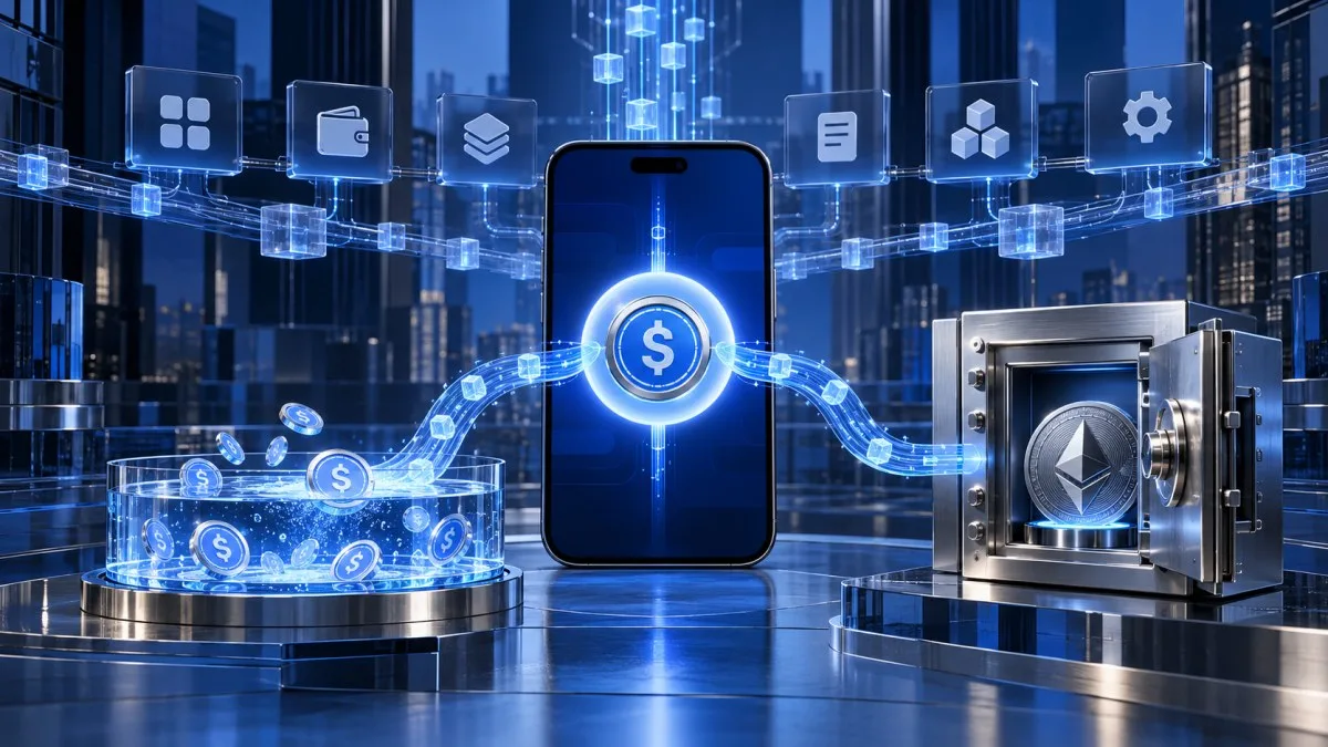 AI-generated conceptual illustration of an app routing stablecoin deposits toward DeFi yield markets and a crypto-secured loan vault.