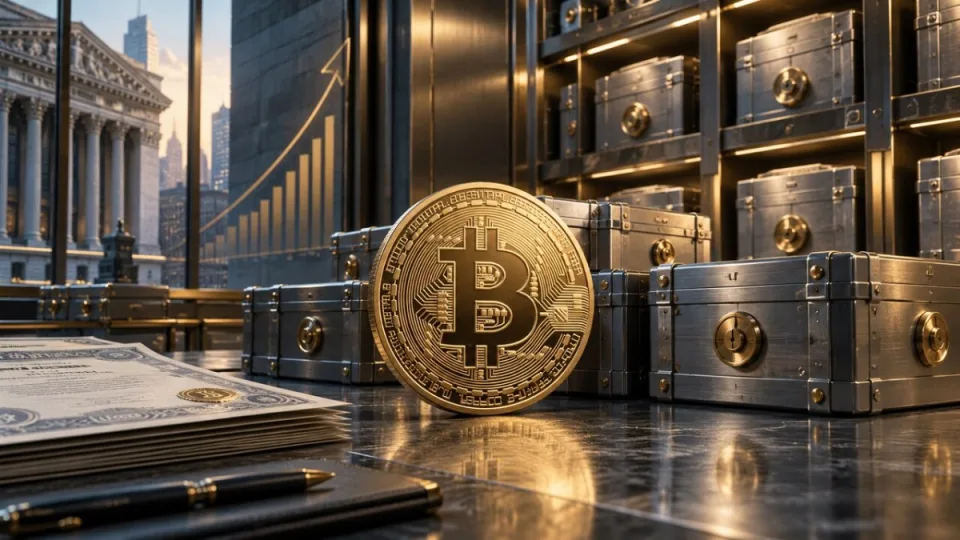 AI-generated conceptual image of a Bitcoin token, secure treasury cases and financial documents in an institutional vault.