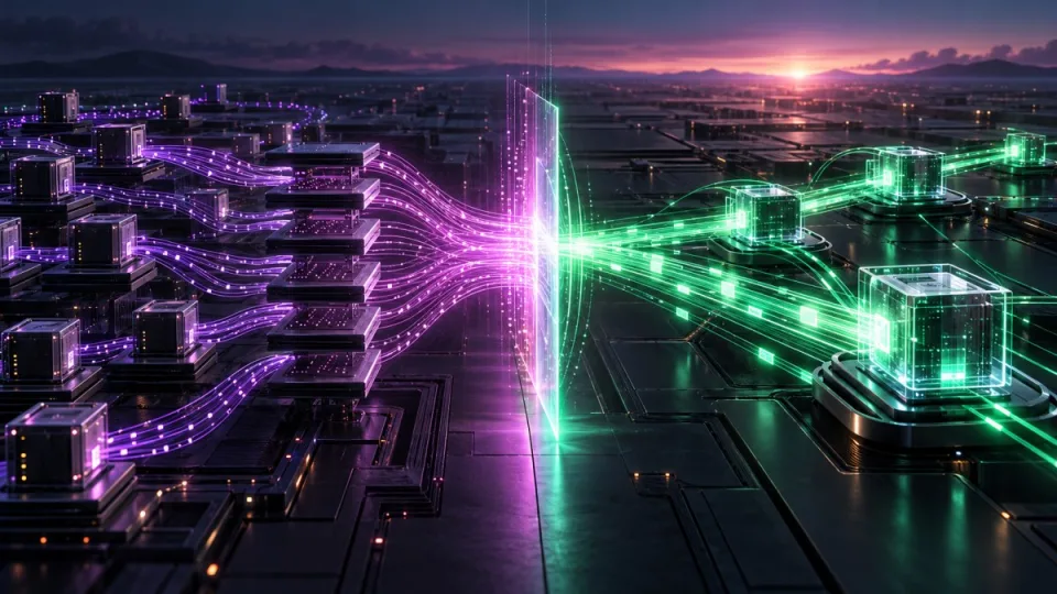 AI-generated conceptual illustration of a blockchain validator network crossing from layered vote processing into rapid certificate-based finality at dawn.