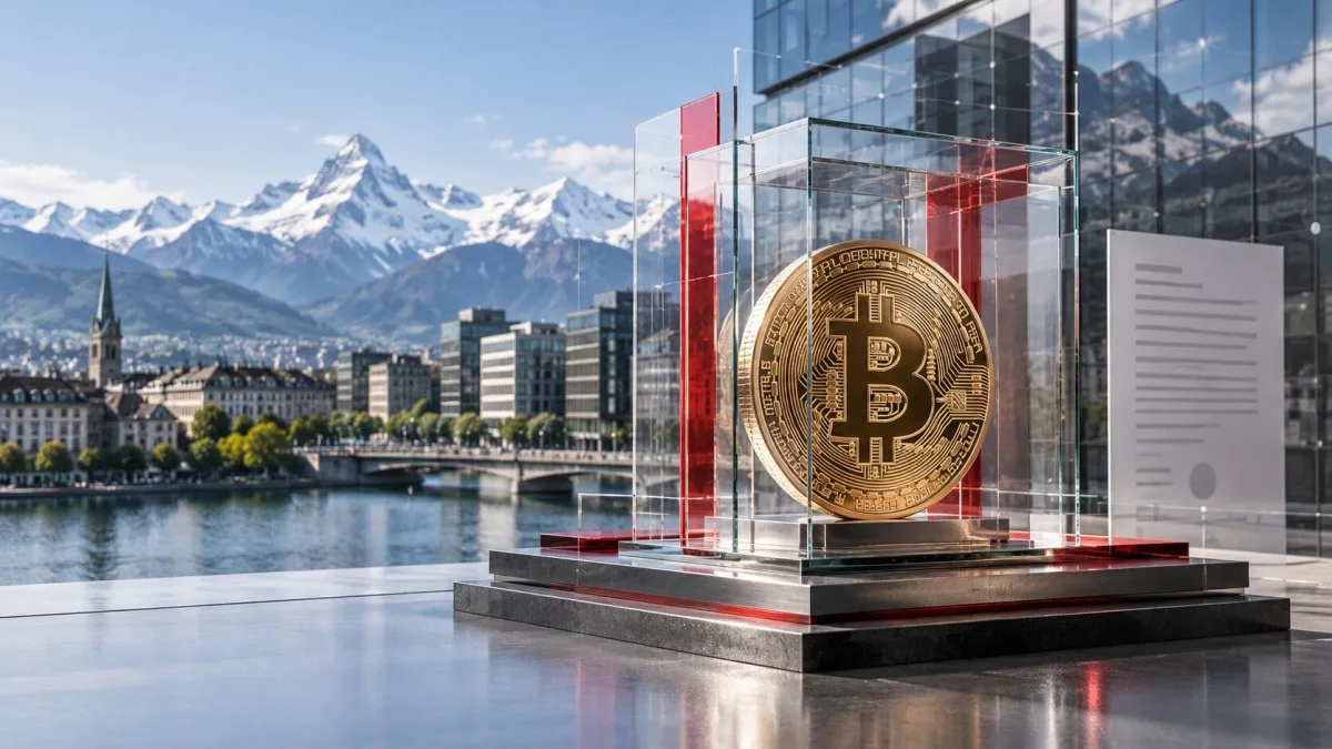 AI-generated editorial illustration of a Bitcoin token secured inside a transparent regulated-fund structure against a Swiss financial-district and Alpine backdrop.