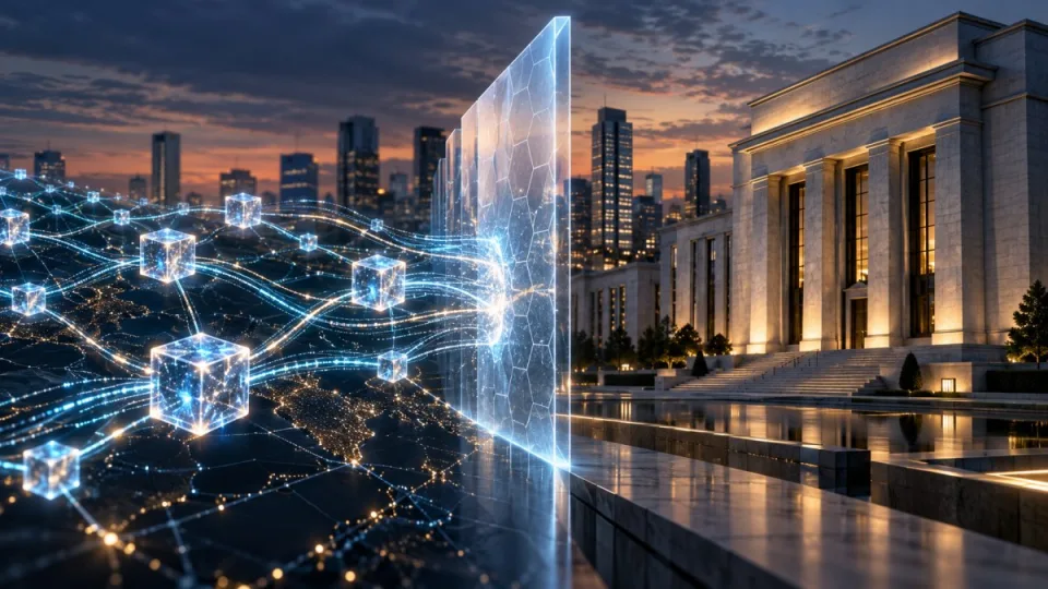 Abstract blockchain payment network stopped by a transparent compliance barrier beside a central bank building