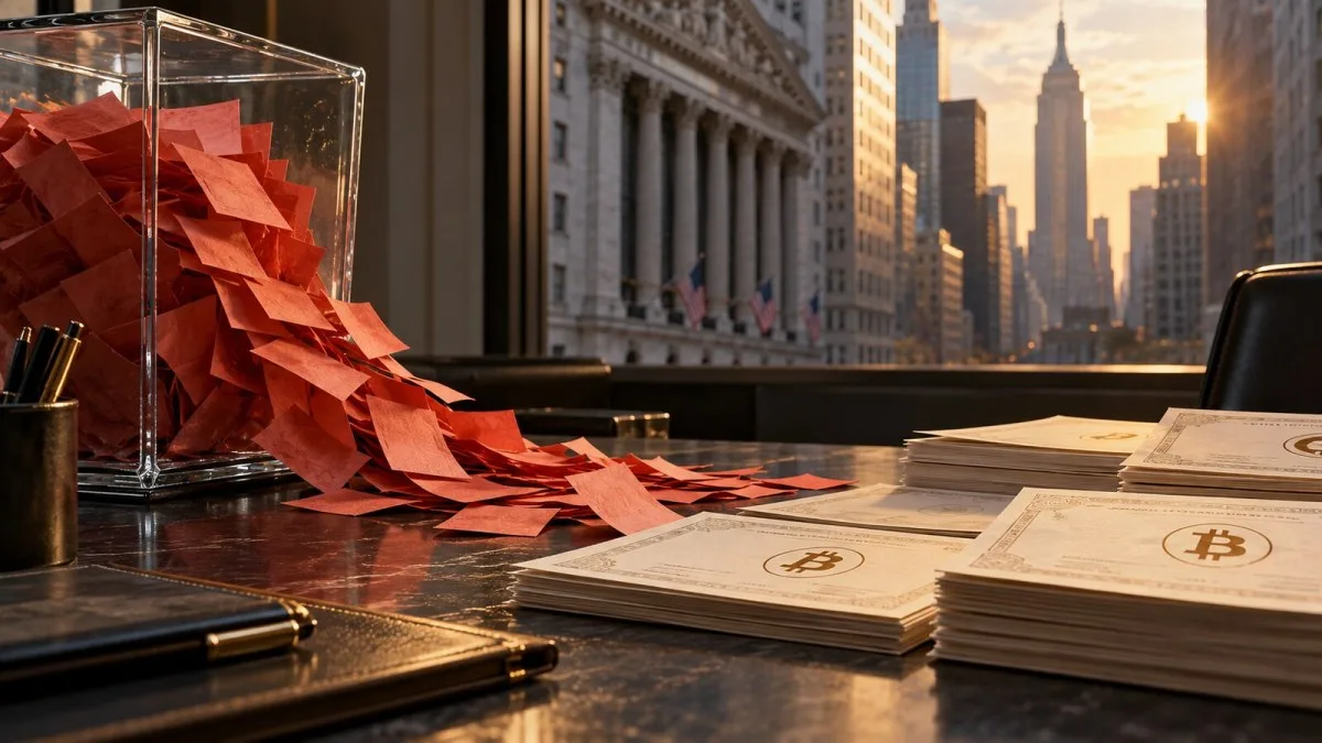 AI-generated conceptual illustration of Bitcoin fund papers beside a glass container spilling red slips on a Wall Street desk; not a photograph of real ETF transactions.